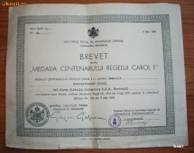 Brevet - Medalia Centenarului Regelui Carol I - 9 mai 1939 foto