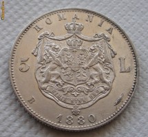 5 lei 1880 - Kullrich pe margine - CALITATE - aUNC/UNC - luciu superb de batere - necuratata - detalii perfecte - adevarata piesa de colectie foto