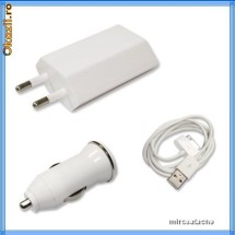 3 in 1 - Incarcator Apple iPhone 3 3GS 4 iPod iPad - INCARCATOR de PRIZA + Car Charger Auto + CABLU Date USB foto