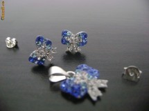 SET ARGINT MODEL FUNDITA CRISTALE SWAROVSKI ALBE ALBASTRE foto