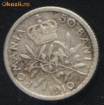 50 BANI 1910 - CAROL I -  MONEDA DE ARGINT 18 mm, 2.5 grame foto mare
