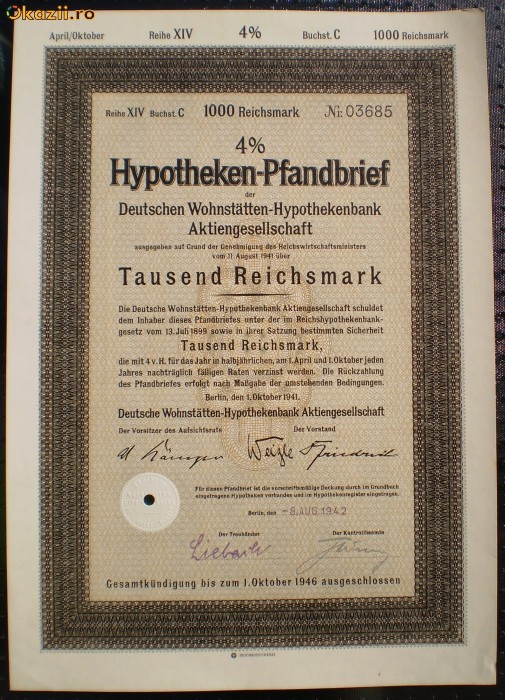 19. GERMANIA ACT IPOTECAR 1000 REICHSMARK 1.10.1941 BERLIN foto mare
