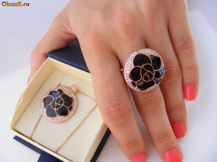 Set fashion Inel + Pandant ornate cu Email si Spinel, ag placat cu aur roz foto mare