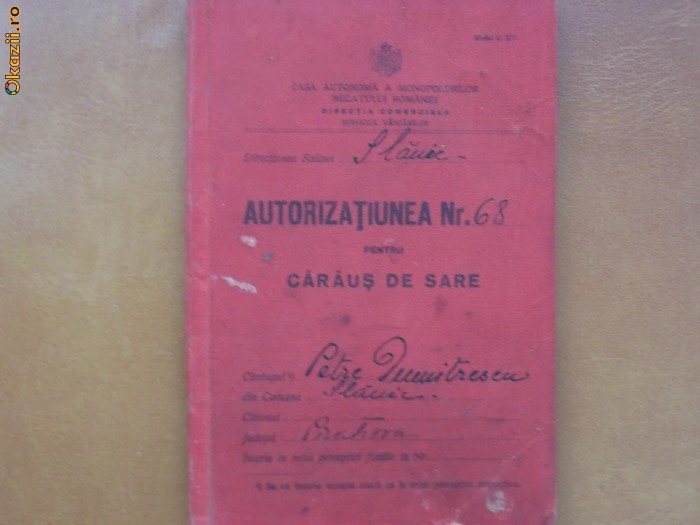 Carnet-Autorizatie pentru caraus de sare 1933 foto mare