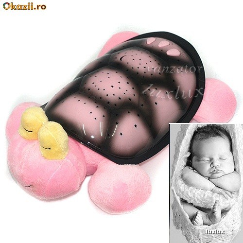Lampa veghe copii/bebelusi stele si muzica, proiector,twilight turtle snail,4 culori si 4 melodii,broasca testoasa roz din plus.Noua in cutie original foto mare