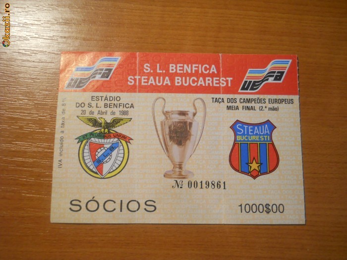 Bilet fotbal Semifinala  Benfica -Steaua Bucuresti 2-0 , anul 1988 foto mare