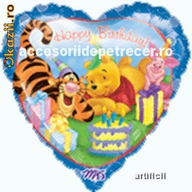 Baloane folie metalizata WINNIE & FRIENDS BIRTHDAY HEART cu snur rafie foto mare