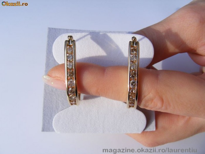Spectaculosi Cercei model HOOP aur 14K, 9.3g, ornati cu 16 BRILIANTE champagne de 3mm !! foto mare