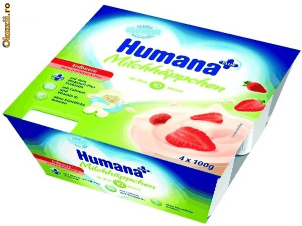 Iaurt HUMANA - 4 sortimente: CAPSUNI; PIERSICI; BANANE; MERE+CAISE; 4x100gr / Germania foto mare