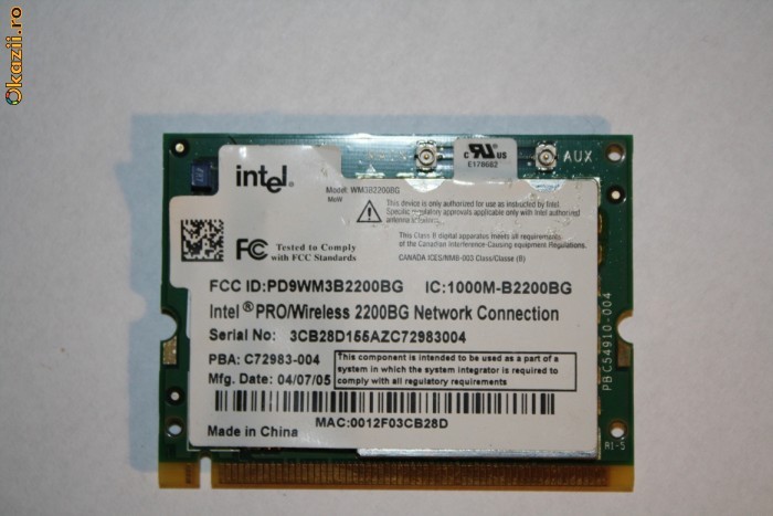 Placa De Retea Laptop Wireless Minipci Intel Pro Wireless 2200BG foto mare