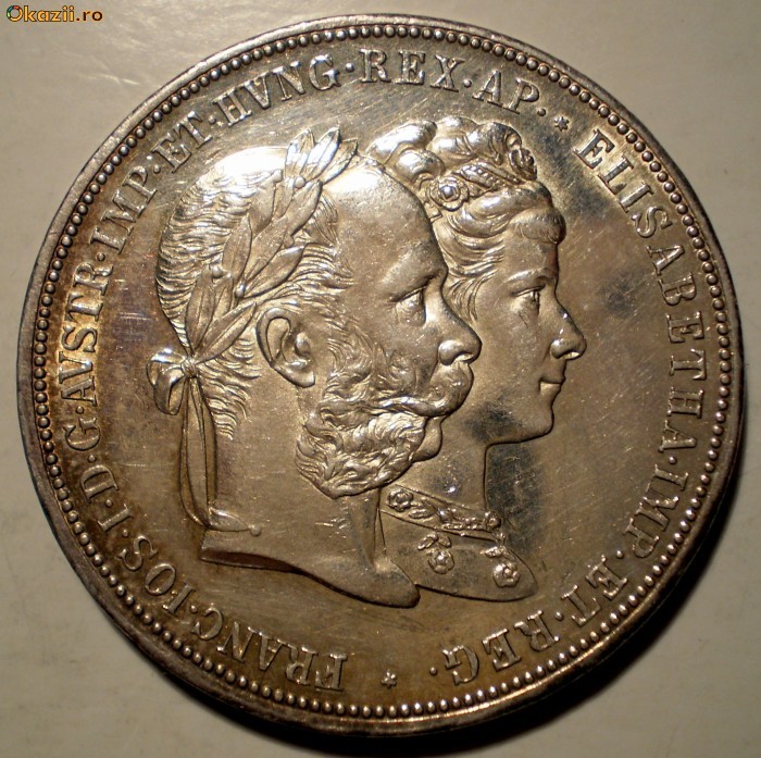 C.338 AUSTRIA F. JOSEPH - ELISABETHA 2 GULDEN 1879 XF/AUNC ARGINT 24,75g foto mare