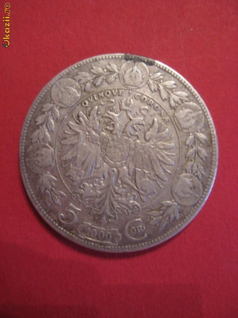 MONEDE AUSTRO - UNGARIA - MONEDA  - 5 CORONA 1900 - 24 GR. - ARGINT foto mare