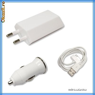 3 in 1 - Incarcator Apple iPhone 3 3GS 4 iPod iPad - INCARCATOR de PRIZA + Car Charger Auto + CABLU Date USB foto mare