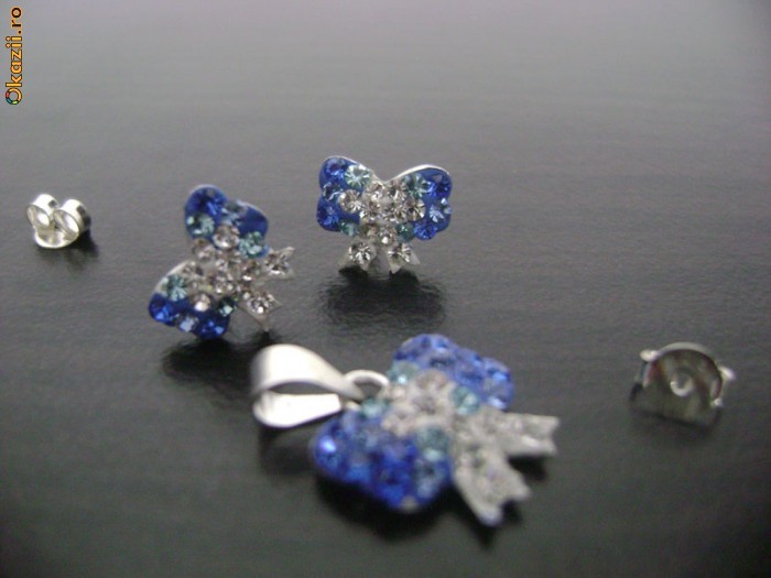 SET ARGINT MODEL FUNDITA CRISTALE SWAROVSKI ALBE ALBASTRE foto mare