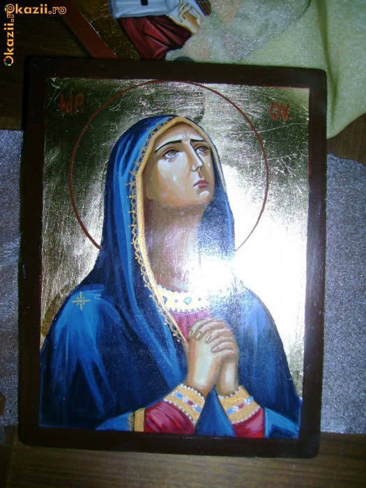 ICOANA IEFTINA PICTATA PE LEMN CU FOITA DE AUR 16/20 CM  FECIOARA MARIA 120 LEI foto mare