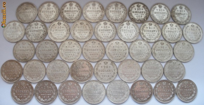 Rusia - LOT mare Argint - Investitie+Numismatica - 99 piese - 20 kopeici 1906-1916; 15 kopeici 1862-1916; 10 kopeici 1909-1916; 5 kopeici 1909 - 270gr foto mare