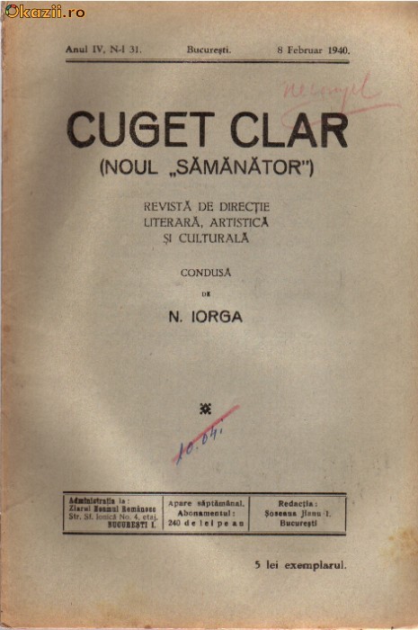 CUGET CLAR  de N.IORGA 8 Februarie 1940 foto mare